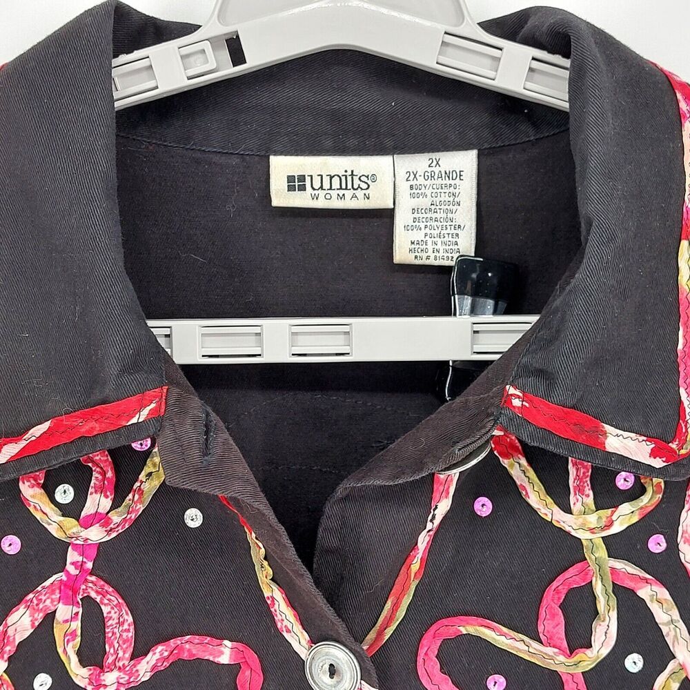 Units Woman Jacket Sz 2X Black Sequins Ribbon Design 80's Retro Vintage Denim - Picture 3 of 7